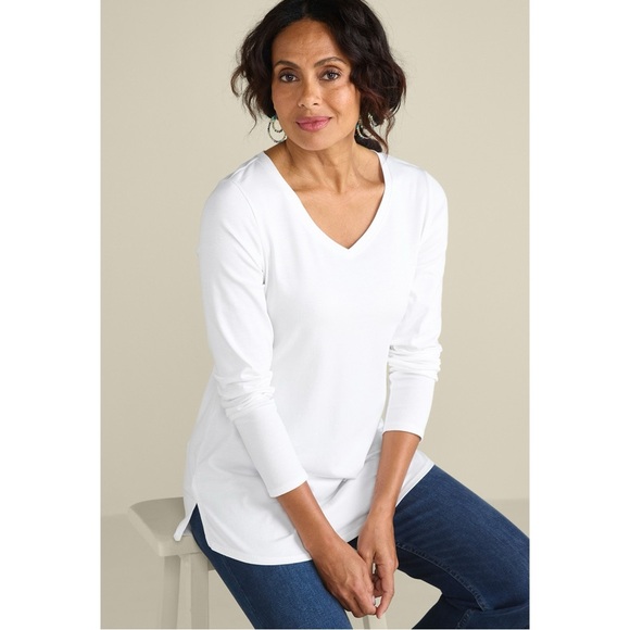 SOFT SURROUNDINGS • Women’s White Isabel Pima Long Sleeve V-Neck Tee Shirt Top - Picture 3 of 8